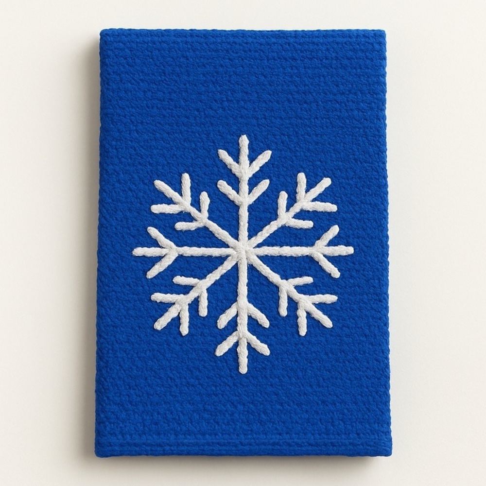 Blue kitchen decor towel with White Snowflake Design and 5 bowl placemats